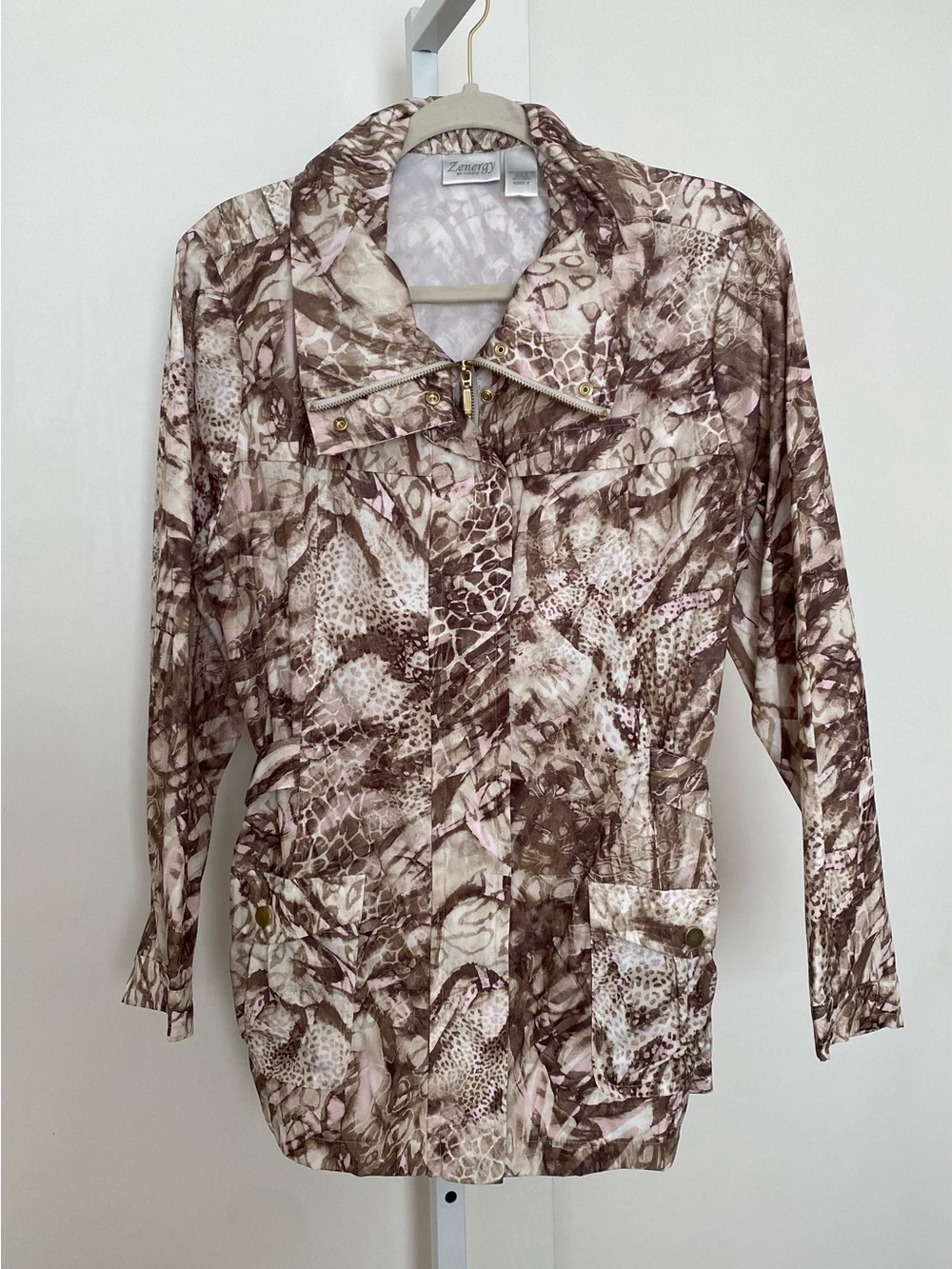 Chico's Zenergy Printed Zip-Front Jacket - Taupe, Cream & Blush Large